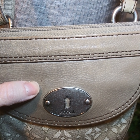 Fossil Leather Trimmed Taupe & Ivory Metallic Brocade Convertible Crossbody - Picture 8 of 15